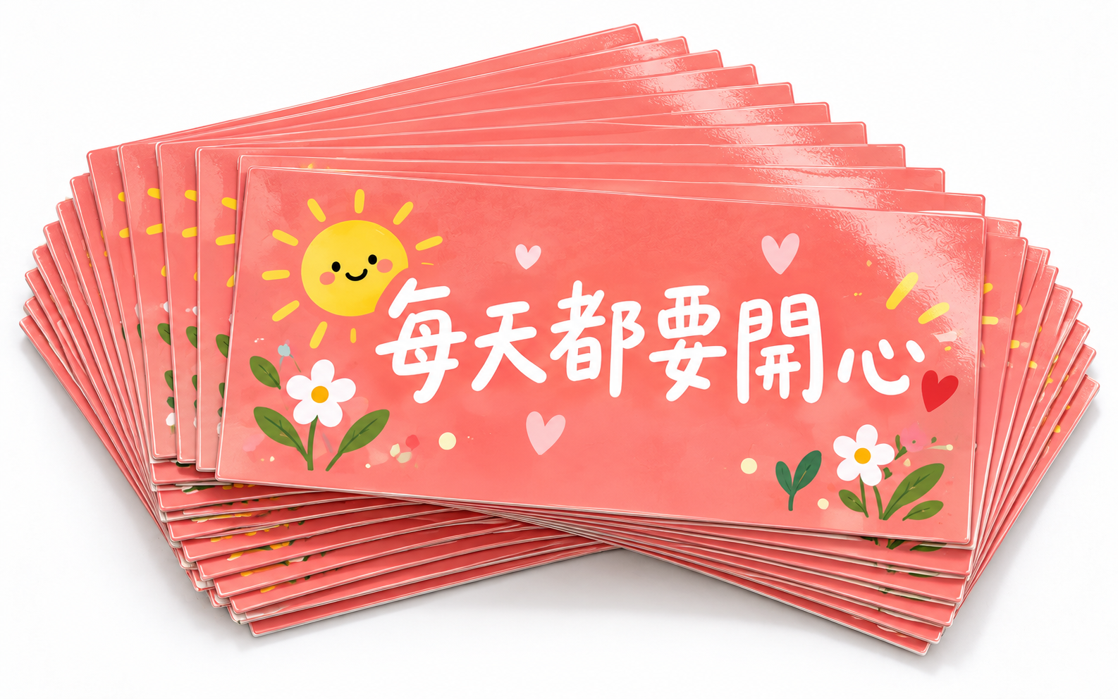 一疊相同設計的橫式直角彩色標語貼紙